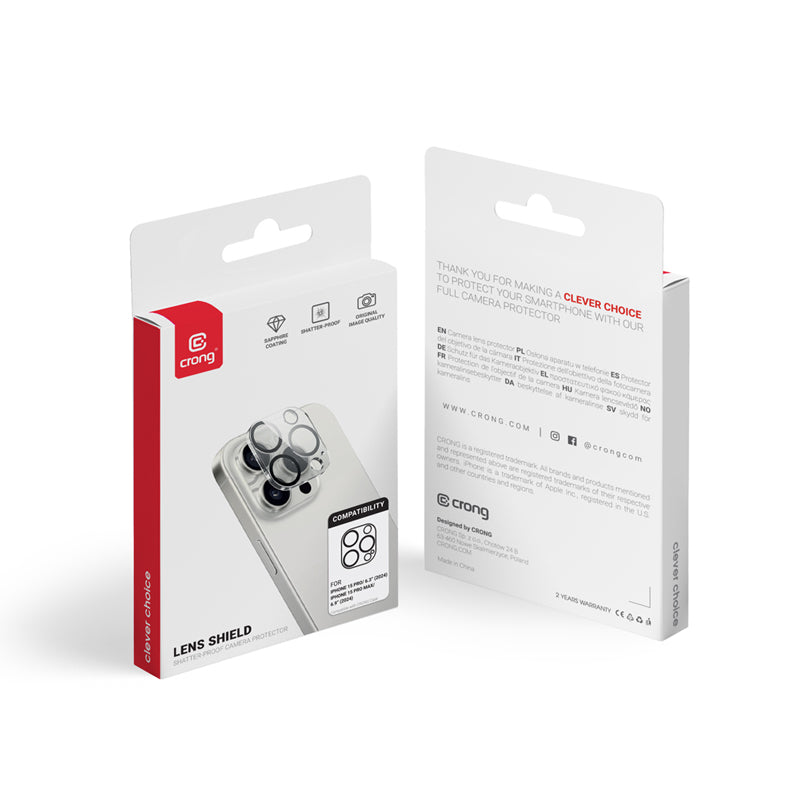 Crong Lens Shield - Stiklas kameros ir objektyvo apsaugai, skirtas iPhone 16 Pro / iPhone 16 Pro Max / iPhone 15 Pro / iPhone 15 Pro Max
