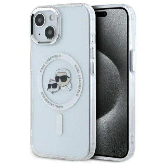 Karl Lagerfeld IML Metal Karl & Choupette Head MagSafe – Dėklas, skirtas iPhone 15 (baltas)