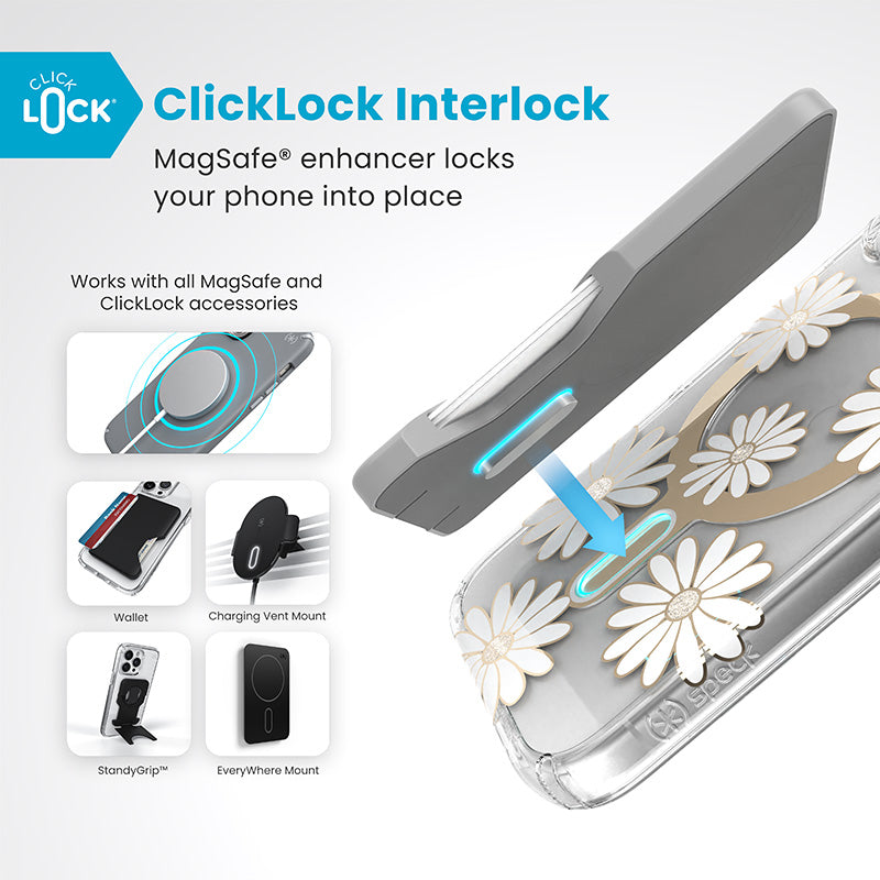 Speck Presidio Lux ClickLock & MagSafe – dėklas „iPhone 16“ (Sunshine Daisies / skaidrus / auksinis)