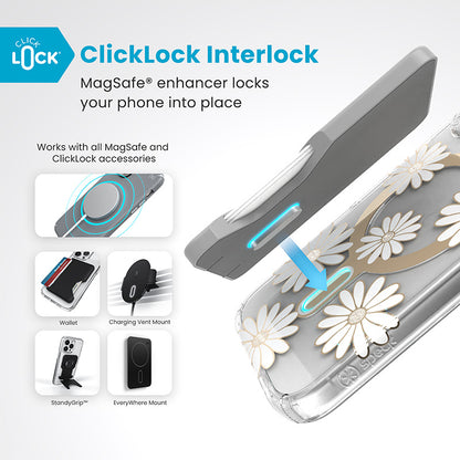 Speck Presidio Lux ClickLock & MagSafe – dėklas „iPhone 16“ (Sunshine Daisies / skaidrus / auksinis)