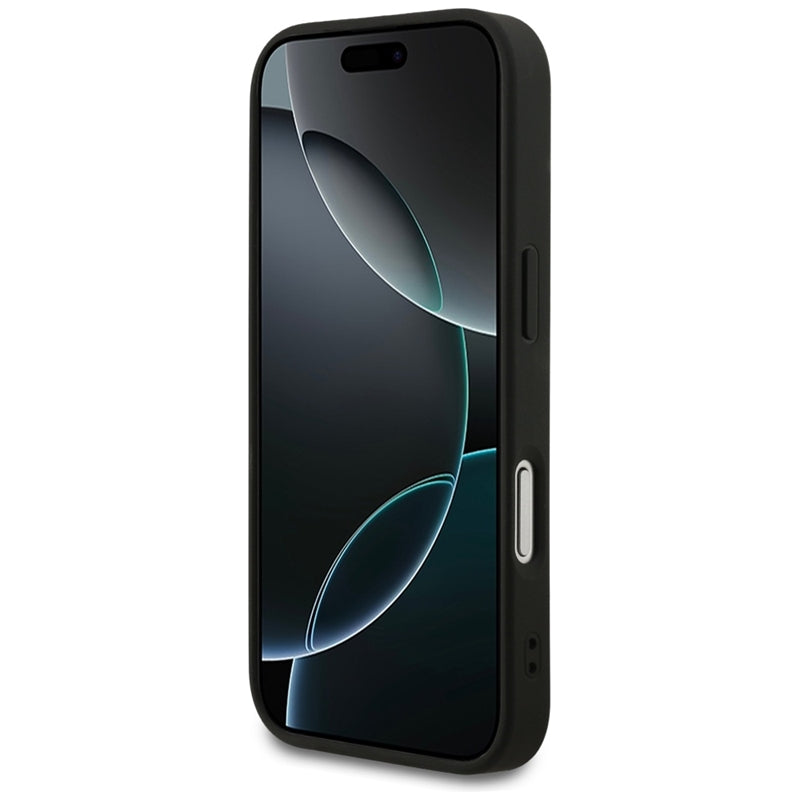 Guess Tekstūruotas žiedas MagSafe - Dėklas iPhone 17 Pro (juodas)