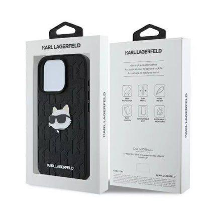 Karl Lagerfeld Monogram Choupette galvutės segtukas – dėklas, skirtas iPhone 16 Pro (juodas)