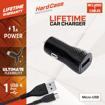 Energizer HardCase – USB-A 1A automobilinis įkroviklis + Micro USB kabelis (juodas)