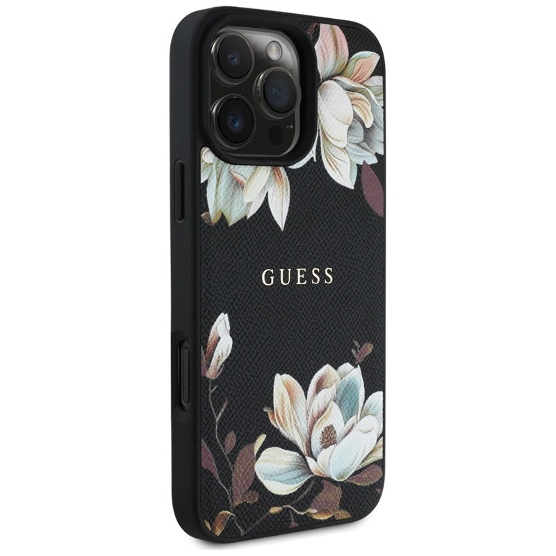Guess Grūdėtas spausdintas gėlių raštas MagSafe dėklas iPhone 16 Pro (juodas)