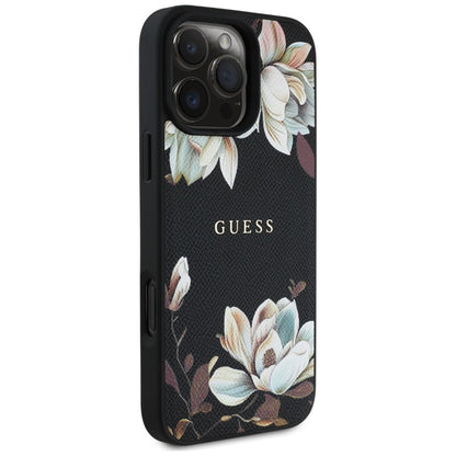 Guess Grūdėtas spausdintas gėlių raštas MagSafe dėklas iPhone 16 Pro (juodas)