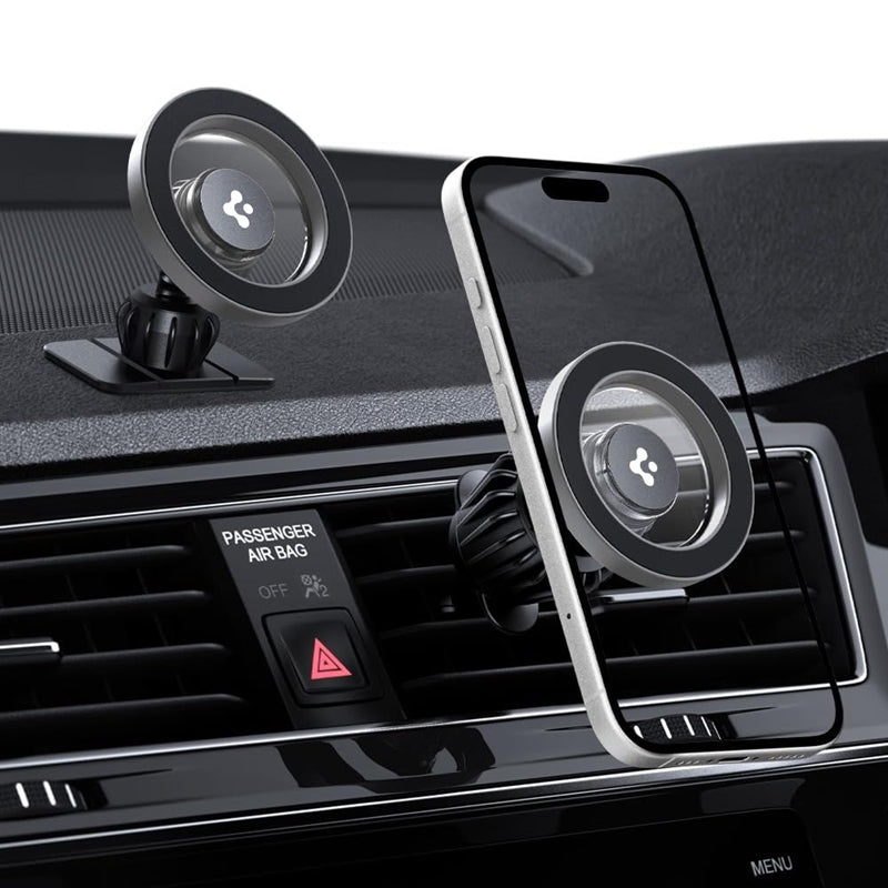 Spigen MFT13 magnetinis laikiklis prietaisų skydeliui ir ventiliacijos angai – Magnetinis automobilinis laikiklis MagSafe (Sidabrinis)