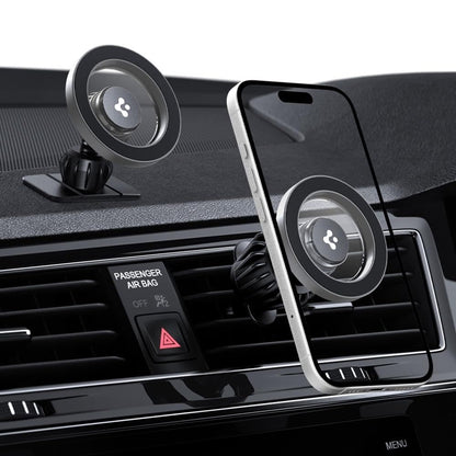 Spigen MFT13 magnetinis laikiklis prietaisų skydeliui ir ventiliacijos angai – Magnetinis automobilinis laikiklis MagSafe (Sidabrinis)
