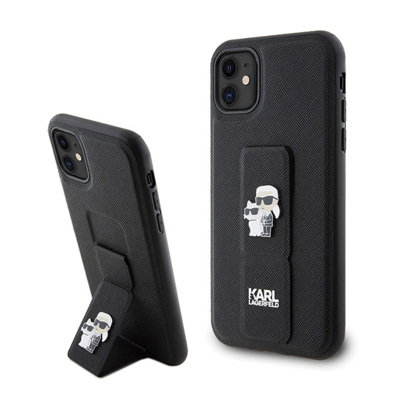 Karl Lagerfeld Gripstand Saffiano Karl & Choupette Pins - iPhone 11 dėklas (juodas)