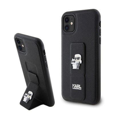 Karl Lagerfeld Gripstand Saffiano Karl & Choupette Pins - iPhone 11 dėklas (juodas)