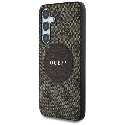 Guess 4G Round Patch Classic Logo MagSafe – dėklas, skirtas Samsung Galaxy S25+ (rudas)