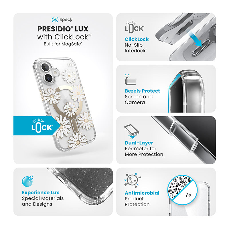 Speck Presidio Lux ClickLock & MagSafe – dėklas „iPhone 16“ (Sunshine Daisies / skaidrus / auksinis)
