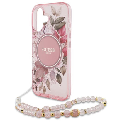 Guess IML Flowers With Pearl Strap MagSafe - dėklas iPhone 16 (Rausvos)