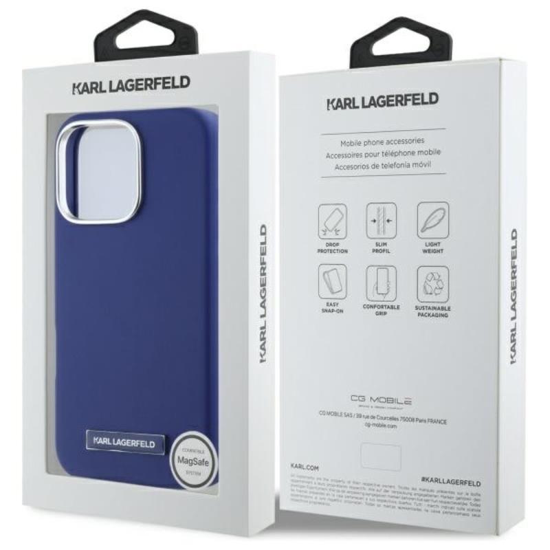 Karl Lagerfeld FW Metal Plate MagSafe – dėklas, skirtas iPhone 16 Pro Max (mėlynas)