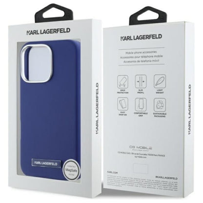 Karl Lagerfeld FW Metal Plate MagSafe – dėklas, skirtas iPhone 16 Pro Max (mėlynas)