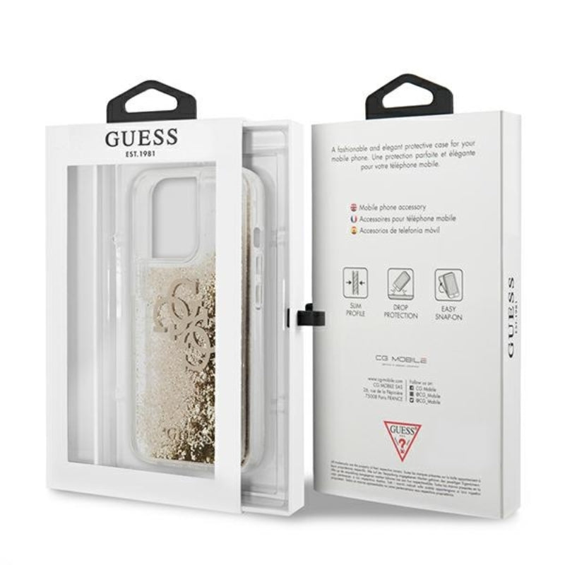 Guess Liquid Glitter 4G Big Logo – dėklas skirtas iPhone 13 Pro Max (aukso spalva)