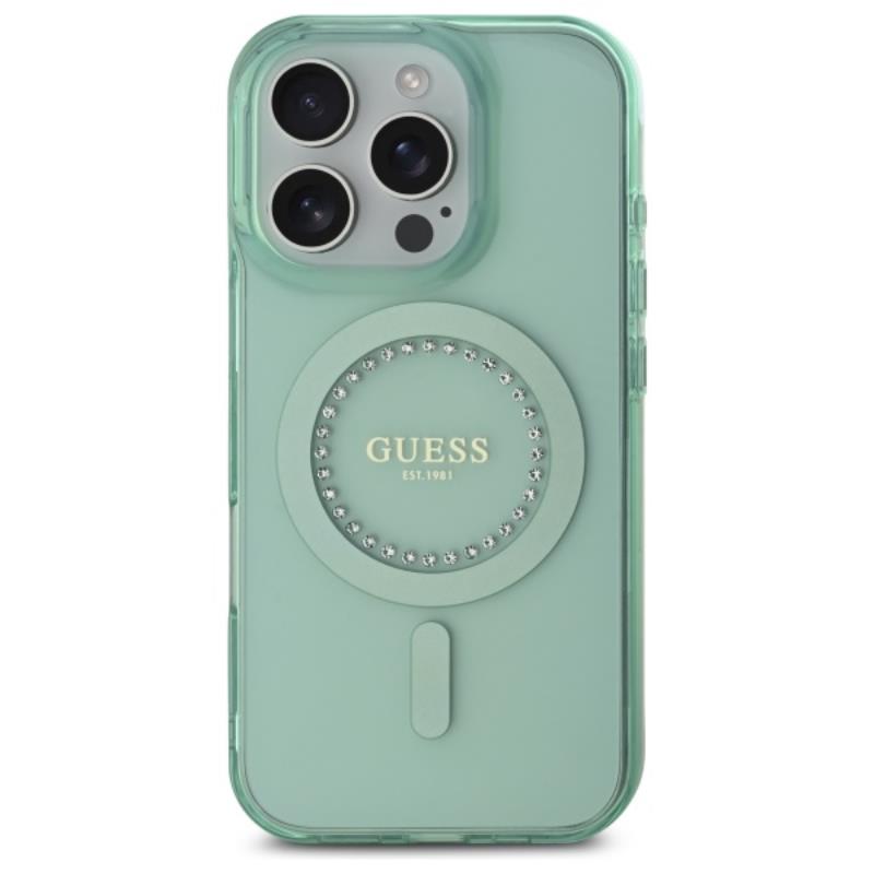 Guess IML Rhinestones MagSafe – dėklas iPhone 16 Pro Max (žalias)