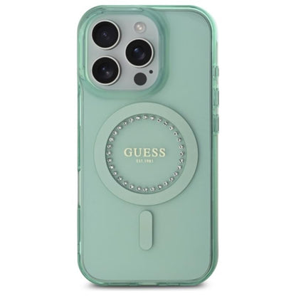 Guess IML Rhinestones MagSafe – dėklas iPhone 16 Pro Max (žalias)