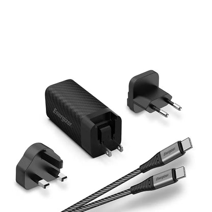 Energizer Ultimate – daugiafunkcis kištukinis adapteris ES / JK / JAV su „GaN“ USB-C ir USB-A 90W PD tinklo įkrovikliu + USB-C laidas (juodas)