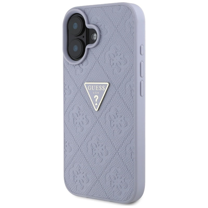 Guess Hot Stamp 4G Pattern Triangle Metal Logo – Dėklas iPhone 16 (violetinė)