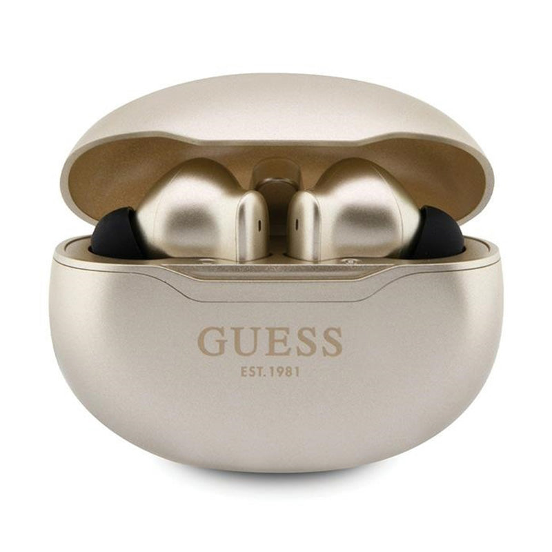 Guess True Wireless Classic EST BT5.3 – TWS ausinės + įkrovimo dėklas (aukso spalvos)