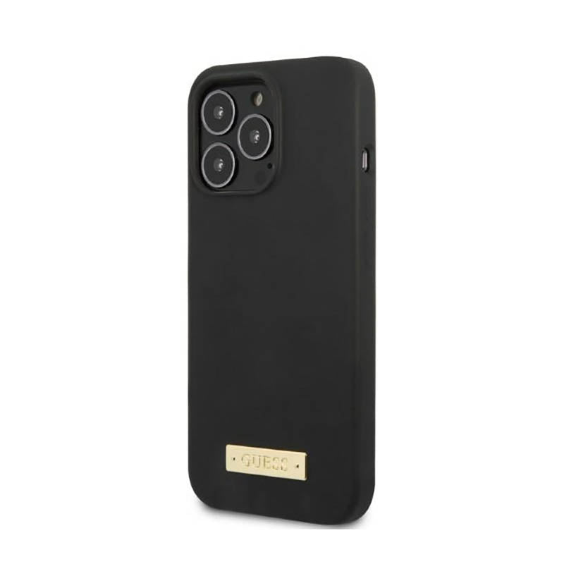 Guess Silicone Logo Plate MagSafe – dėklas, skirtas iPhone 13 Pro Max (juodas)