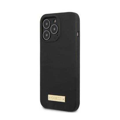 Guess Silicone Logo Plate MagSafe – dėklas, skirtas iPhone 13 Pro Max (juodas)