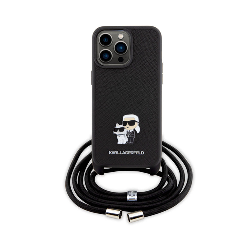 Karl Lagerfeld Crossbody Saffiano Metal Pin Karl & Choupette – dėklas, skirtas „iPhone 15 Pro Max“ (juodas)