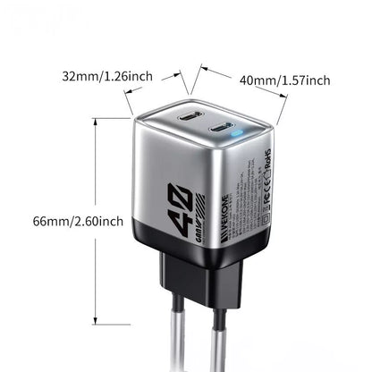 WEKOME WP-U02 Mecha Series – 2x USB-C Super Greito Įkroviklio GaN 40W tinklo įkroviklis (sidabrinis)