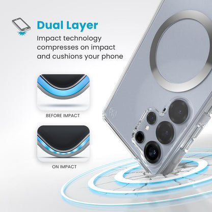 Speck Presidio Perfect-Clear Magnet - dėklas Samsung Galaxy S25 Ultra MagSafe (skaidrus / chromo apdaila / raminantis sidabras)