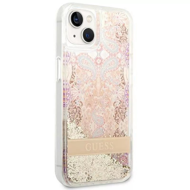 Guess Liquid Glitter Paisley – „iPhone 14 Plus“ dėklas (auksinis)