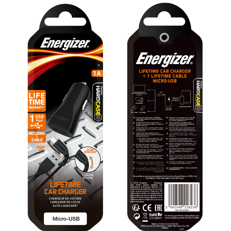 Energizer HardCase – USB-A 1A automobilinis įkroviklis + Micro USB kabelis (juodas)