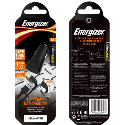 Energizer HardCase – USB-A 1A automobilinis įkroviklis + Micro USB kabelis (juodas)