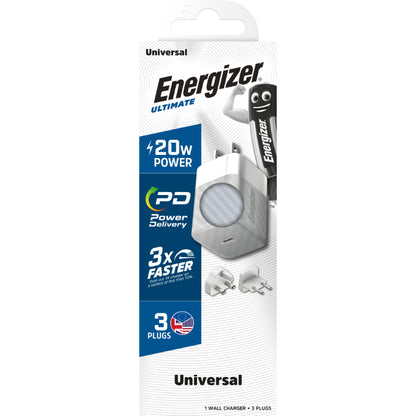 Energizer Ultimate – daugiakryptis sieninis įkroviklis EU / UK / US GaN 20W PD (sidabrinis)