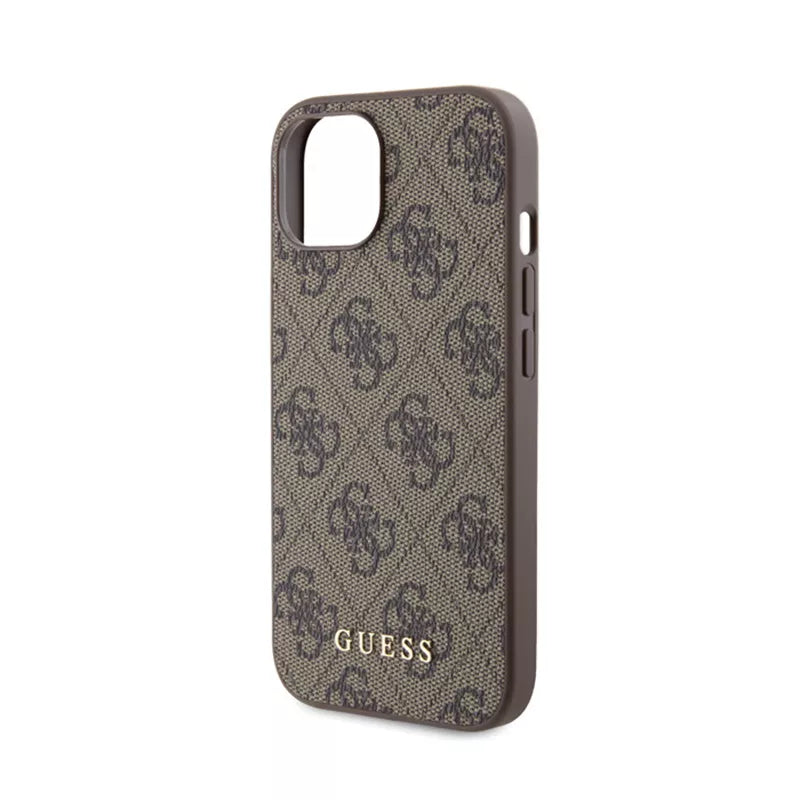 Guess 4G Metal Gold Logo – Dėklas, skirtas „iPhone 15“ (ruda)