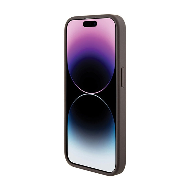 Guess Grip Stand 4G Triangle Strass Logo – „iPhone 15 Pro Max“ dėklas (rudas)