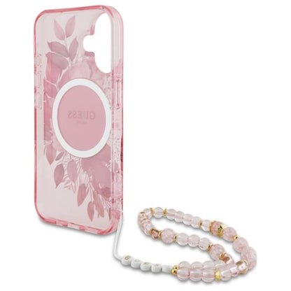 Guess IML Flowers With Pearl Strap MagSafe - dėklas iPhone 16 (Rausvos)
