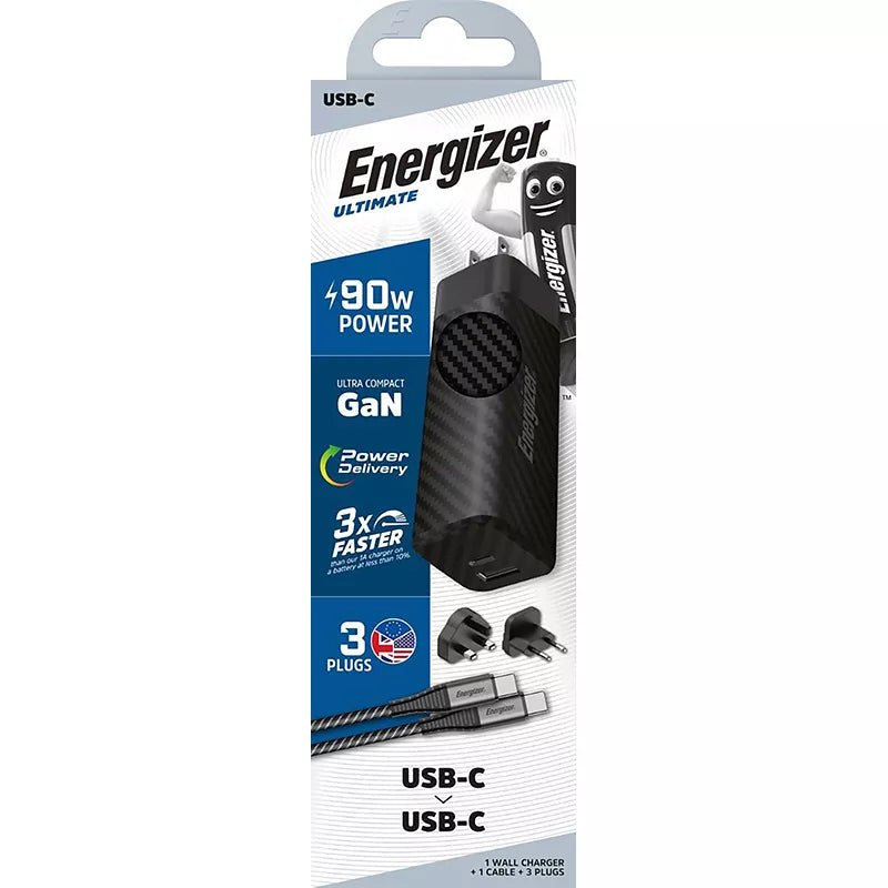 Energizer Ultimate – daugiafunkcis kištukinis adapteris ES / JK / JAV su „GaN“ USB-C ir USB-A 90W PD tinklo įkrovikliu + USB-C laidas (juodas)