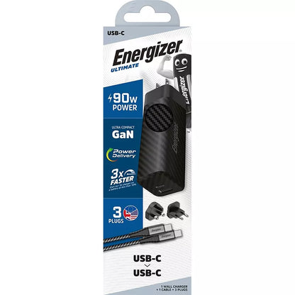 Energizer Ultimate – daugiafunkcis kištukinis adapteris ES / JK / JAV su „GaN“ USB-C ir USB-A 90W PD tinklo įkrovikliu + USB-C laidas (juodas)