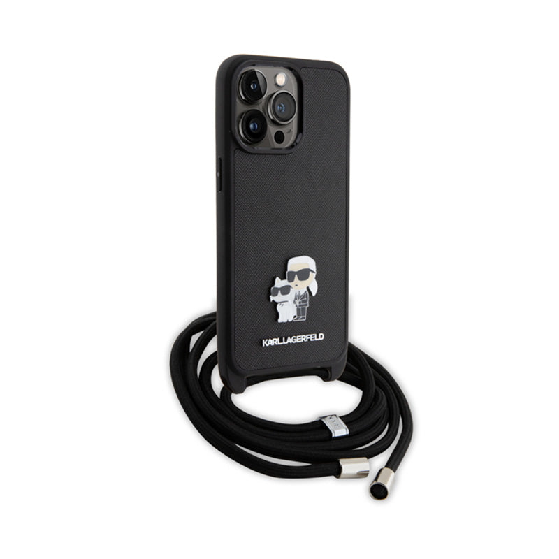 Karl Lagerfeld Crossbody Saffiano Metal Pin Karl & Choupette – dėklas, skirtas „iPhone 15 Pro Max“ (juodas)