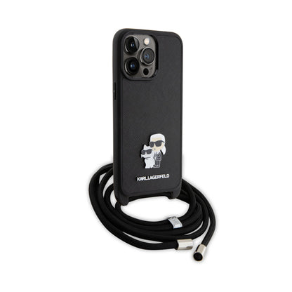 Karl Lagerfeld Crossbody Saffiano Metal Pin Karl & Choupette – dėklas, skirtas „iPhone 15 Pro Max“ (juodas)