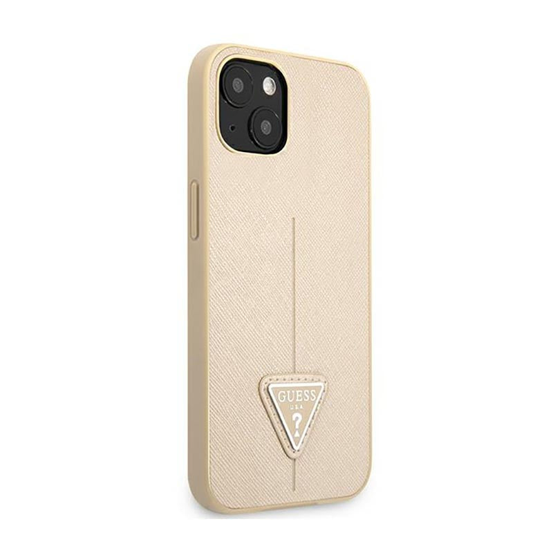 Guess Saffiano Triangle Logo dėklas – dėklas iPhone 13 mini (smėlio spalvos)