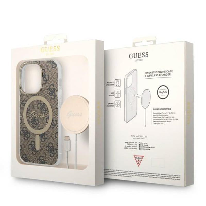 Guess Bundle Pack MagSafe 4G – iPhone 14 Pro dėklo ir MagSafe įkroviklio rinkinys (ruda / aukso spalvos)