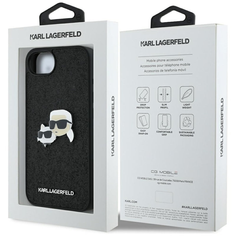 Karl Lagerfeld Dėklas iPhone 16e (juodas) su fiksuotais Karl & Choupette galvų metalo smeigtukais su blizgučiais
