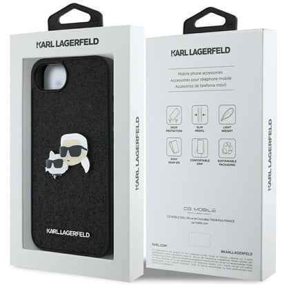Karl Lagerfeld Dėklas iPhone 16e (juodas) su fiksuotais Karl & Choupette galvų metalo smeigtukais su blizgučiais