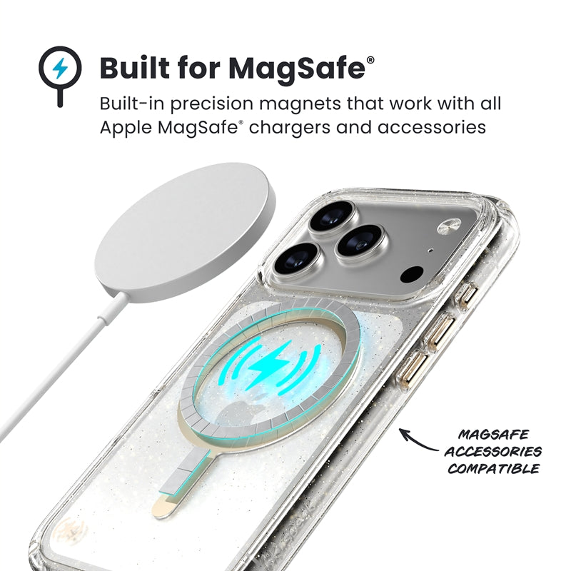 Speck Presidio Lux MagSafe dėklas – iPhone 17 Pro dėklas (Blizgučiai / Auksinis metalas)