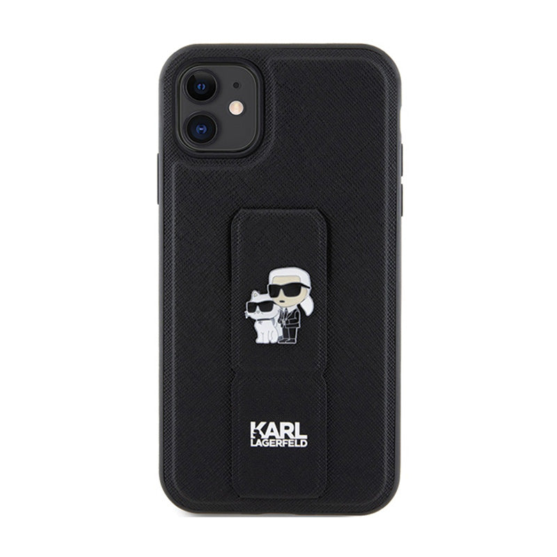 Karl Lagerfeld Gripstand Saffiano Karl & Choupette Pins - iPhone 11 dėklas (juodas)