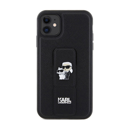 Karl Lagerfeld Gripstand Saffiano Karl & Choupette Pins - iPhone 11 dėklas (juodas)