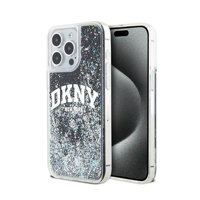 DKNY Dėklas su skystais blizgučiais ir dideliu logotipu, skirtas iPhone 15 Pro Max (juodas)