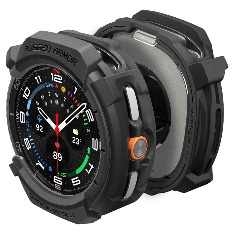 Spigen Rugged Armor – Dėklas, skirtas Samsung Galaxy Watch 8 Classic 46 mm (Matinis juodas)