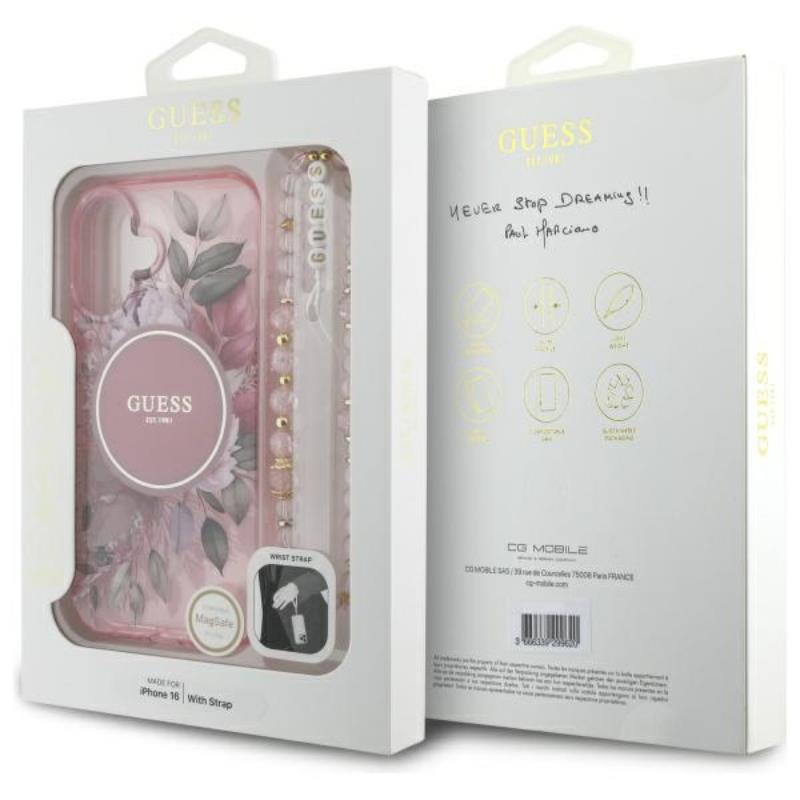 Guess IML Flowers With Pearl Strap MagSafe - dėklas iPhone 16 (Rausvos)